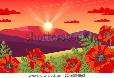 Beautiful evening summer landscape. Slope with blooming poppies. Mountains and the sunset sky in the clouds, the setting sun. Vector illustration for background, website, posters, cards