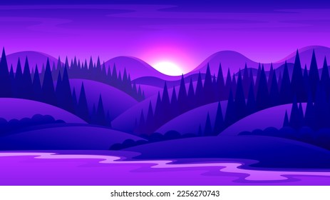 Beautiful evening sunset over the river bank with forest and mountains background.