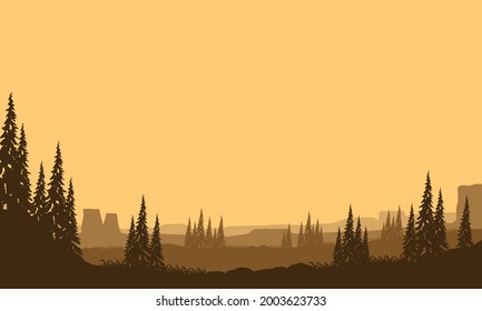 Bonitas vistas nocturnas desde el borde de la ciudad con la silueta de las montañas y los pinos que la rodean. Ilustración vectorial de una ciudad