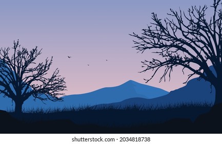 A beautiful evening view of the mountains from the suburb with the silhouette of dry trees around it. Vector illustration of a city