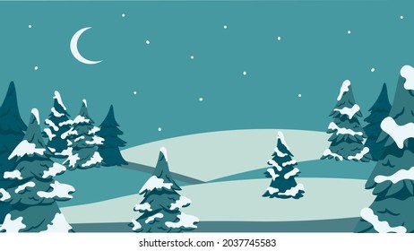 Schöne abendliche Winterlandschaft mit Hügeln und Tannen im Vordergrund, mit dem Mond und Schnee. Winterweihnachtliche Hintergrund. Vektorgrafik.