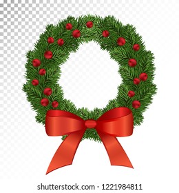 Beautiful evergreen wreath of Xmas tree branches with a red berries and bow . vector illustration. Merry Christmas and Happy New Year greetings. Home decoration for winter celebration.