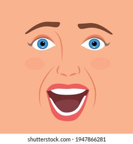 Beautiful excited woman face emotions expression Vector Illustration. isolated over background. Pretty happy woman shouting emotional with open mouth and screaming. Girl looking front side and smiling
