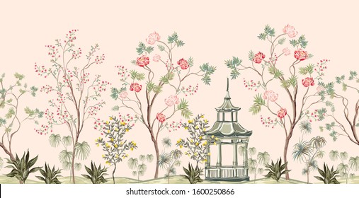 Beautiful exotic chinoiserie seamless pattern. Hand drawn vintage chinese rose trees, sakura, palms, flowers, pavilion, lemon trees. Floral seamless border pink background.
