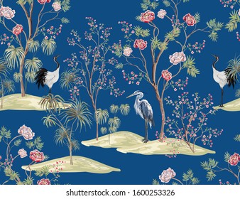 Beautiful exotic chinoiserie seamless pattern. Hand drawn vintage chinese rose trees, sakura, palms, flowers, crane bird, heron, pheasant. Floral seamless border blue background.
