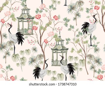 Beautiful exotic chinoiserie seamless pattern. Hand drawn vintage chinese rose trees, sakura, palms, flowers, pavilion, lemon trees. Floral seamless border pink background.
