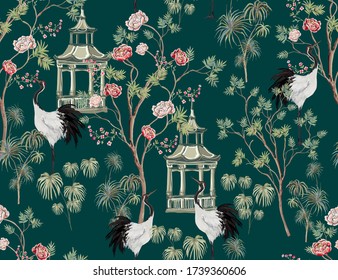 Beautiful exotic chinoiserie seamless pattern. Hand drawn vintage chinese rose trees, sakura, palms, flowers, pavilion, lemon trees. Floral seamless border pink background.
