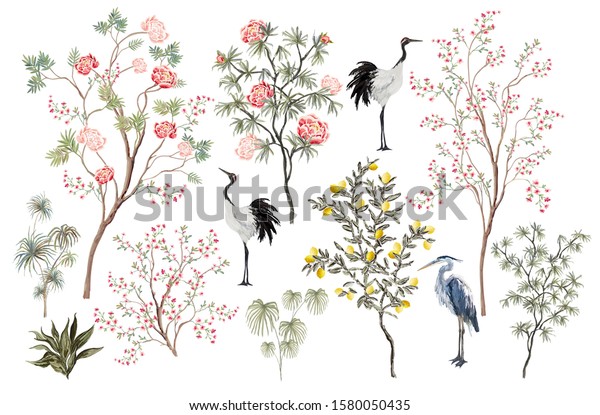 Beautiful exotic chinoiserie set. Hand drawn vintage chinese rose trees, palms, peone flowers, sakura tree, crane bird, heron