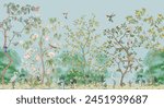 Beautiful exotic chinoiserie wallpaper. Chinese scenery landscape wallpaper. Chinoiserie, traditional oriental botanical motif.