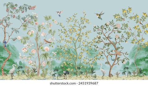 Beautiful exotic chinoiserie wallpaper. Chinese scenery landscape wallpaper. Chinoiserie, traditional oriental botanical motif.