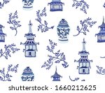 Beautiful exotic chinoiserie wallpaper. Hand drawn vintage chinese sakura trees, vases, padogas. Floral seamless illustration on white  background. 