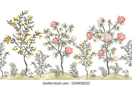 Beautiful exotic chinoiserie wallpaper. Hand drawn vintage chinese rose trees, palms, flowers, lemon tree. Floral seamless border pink background. 