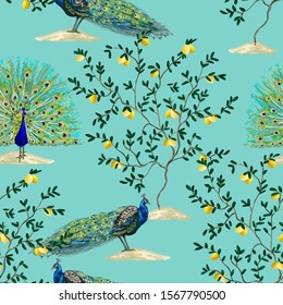 Beautiful exotic chinoiserie wallpaper. Hand drawn vintage lemon trees, peacoks. Floral seamless border jungle background.
