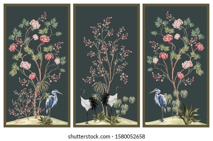 Beautiful exotic chinoiserie wallpaper. Hand drawn vintage chinese rose trees, sakura peony flowers, crane bird, heron. Floral screen  border blue background.
