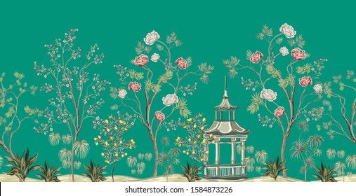 Beautiful exotic chinoiserie wallpaper. Hand drawn vintage chinese rose trees, palms, flowers, lemon tree, pavilion. Floral seamless border pink background.
