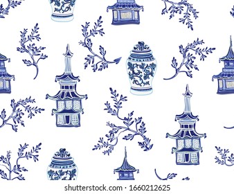 Beautiful exotic chinoiserie wallpaper. Hand drawn vintage chinese sakura trees, vases, padogas. Floral seamless illustration on white  background. 