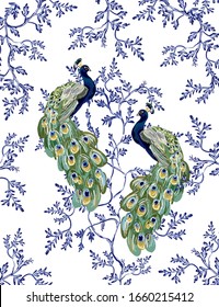 Beautiful exotic chinoiserie wallpaper. Hand drawn vintage chinese trees, sakura, peacocks. Floral illustration on white  background. 