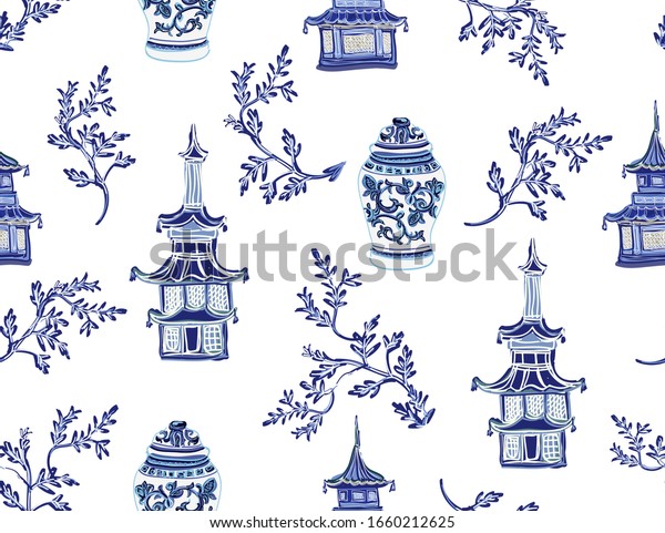 Beautiful exotic chinoiserie wallpaper. Blue floral seamless illustration on white background wallpaper. 