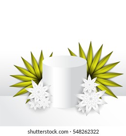 Beautiful exotic composition paper cut flowers and presentation podium
