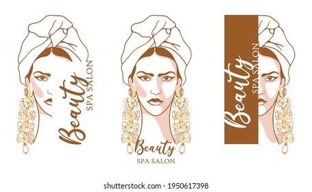 Beautiful, exotic female face with a towel on her head and beautiful earrings, perfect logo for a spa beauty salon