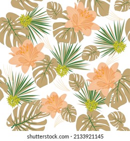 Beautiful exotic floral seamless pattern with orange lilies, green monstera deliciosa and fern leaves on white background. 