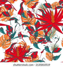 Hermoso patrón exótico floral sin costura con monstera deliciosa, aloe vera, hojas de helecho. Ilustración vectorial dibujada a mano.