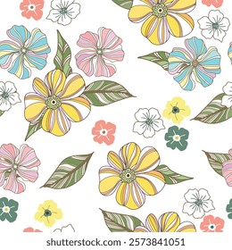 Beautiful exotic flower and green leaf on white background seamless pattern