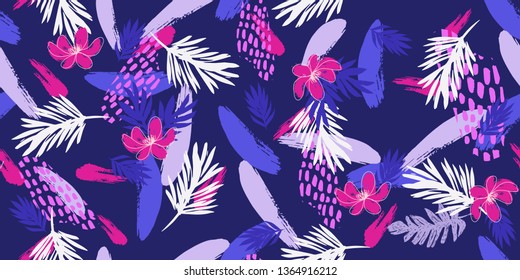 Beautiful Exotic Flowers and Leaves Pattern. Hand  Drawn Expressive Vector Painting Illustration  for Surface , Invitation , Notebook, Banner , Wrap Paper ,Textiles, Cover, Magazine ,Postcard