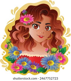 beautiful exotic girl aster cartoon character vector illustration