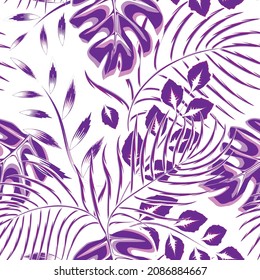 beautiful exotic jungle with purple tropical monstera palm leaves and plants foliage seamless fabric t-shirt. Summer wallpaper black background. nature background. fashionable texture. print textiles