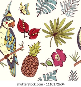 Beautiful Exotic tropical birds illustrated seamless pattern floral of parrots, hummingbird, pineapple background and vector set.