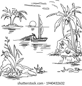 Beautiful exotic tropical island sketch on white background. Landscape with palm trees,beach and ocean vector hand drawn style. Black and white linear landscape