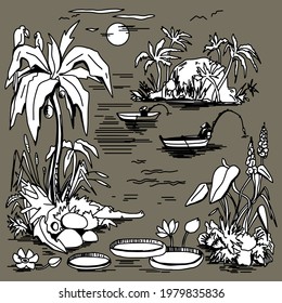 Beautiful exotic tropical island sketch on dark background. Landscape with palm trees,beach and ocean vector hand drawn style. Black and white linear landscape