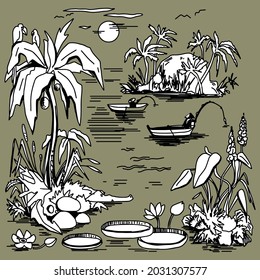 Beautiful exotic tropical island sketch on dark khaki background. Landscape with palm trees,beach and ocean vector hand drawn style. Black and white linear landscape