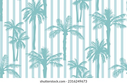 Beautiful exotic tropical summer pattern in blue and white with palm trees on lined background. Vector illustration.