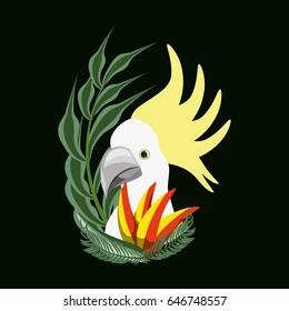 beautiful exotic yellow cockatoo with palms, fruits, and tropical flowers