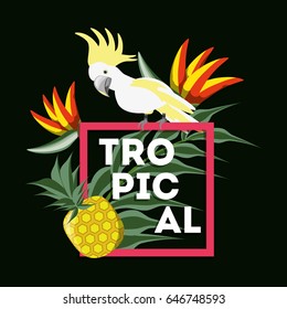 beautiful exotic yellow cockatoo with palms, fruits, and tropical flowers