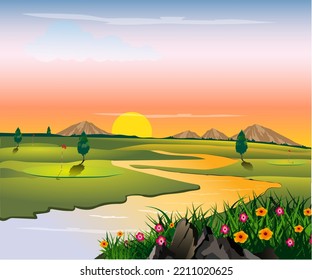 A beautiful, expansive golf course vector illustration in the evening atmosphere.
