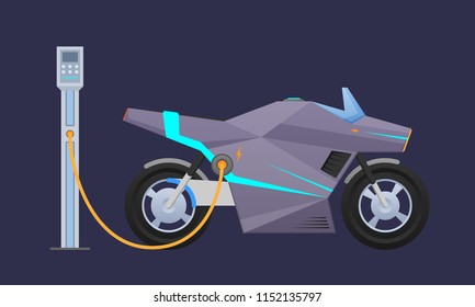 Beautiful expensive single-seat electric motorcycle, motorbike near city's charging ecology electric station with eco-fuel. Movement on an electric motor bicycle, car, machine. Vector illustration.