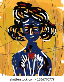 beautiful expressionist doodle girl with a cute heart