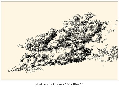 Beautiful expressive dashed hand draw clouds in the clear sky. Pen and ink renaissance book etching / engraving style illustration. Line art with lights and shadows.
