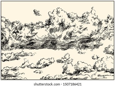 Beautiful expressive dashed hand draw clouds in the clear sky. Pen and ink renaissance book etching / engraving style illustration. Line art with lights and shadows.