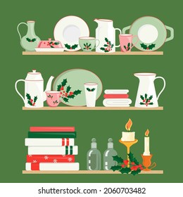 Beautiful exquisite pottery, candles and towels on shelves flat vector illustrations. Decorative crockery with a Christmas pattern.