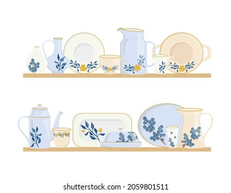 Beautiful exquisite pottery on the shelves flat vector illustrations. Decorative crockery isolated on a white background. Kitchen utensils and dishes. Restaurant faience.