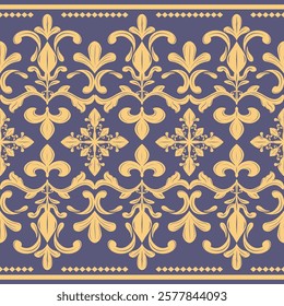 Beautiful Exquisitely Detailed Gold Lily Fleur de lis Baroque Design on Blue Denim Background. Luxury Seamless Border Petals Scroll Ornament Silk Weaves Embroidery Nobel Expensive Richness Decoration 