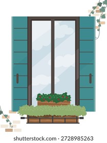 Bela vista exterior de uma janela com um reflexo de céu azul e nuvens brancas, decorado com plantas e persianas.