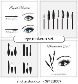 Beautiful eye with different mascara brush types isolated. 