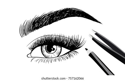 Beautiful eye and eyebrows with set of tools and accessories for care of eyebrows. Eyebrow pencil and tweezers. Vector beauty industry design. Cosmetics logo, label, brand insignia signs template.