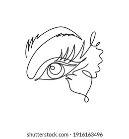 Beautiful eye with lashes-butterfly. One line drowing, continuous line, lineart, minimalism. Vector illustration, concept, logo, emblem, print, tatoo, poster, postcard