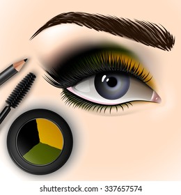 Beautiful eye with makeup accessories. Brush, eyeliner and eye shadow. Vector illustration